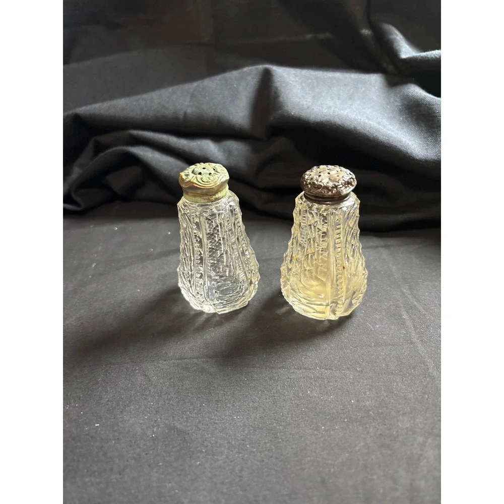 Antique Pressed Glass Salt and Pepper Shakers Ornate Metal Lids Victorian Set